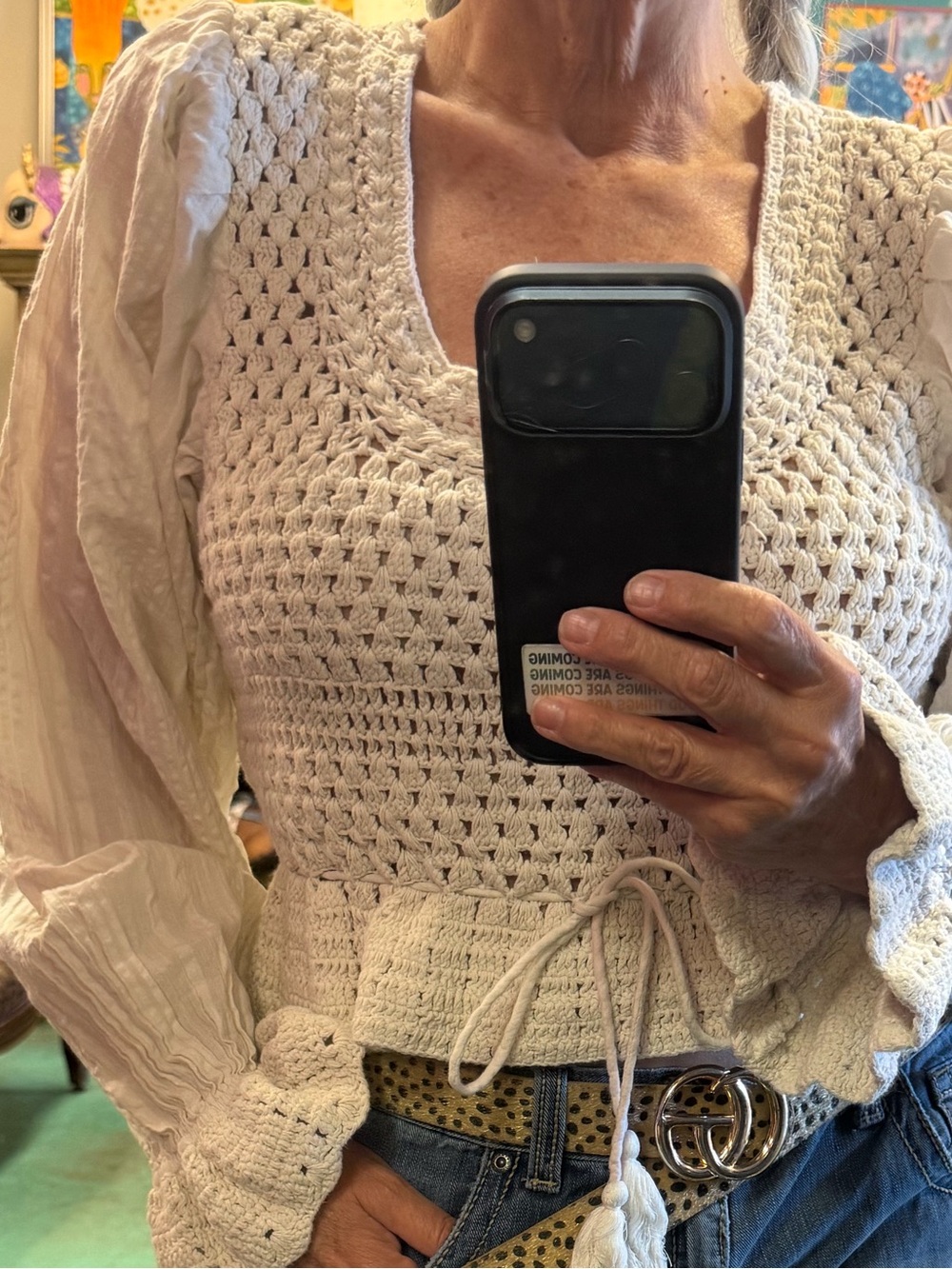 Free People Cream Crochet Tie-Front Peasant Sweater